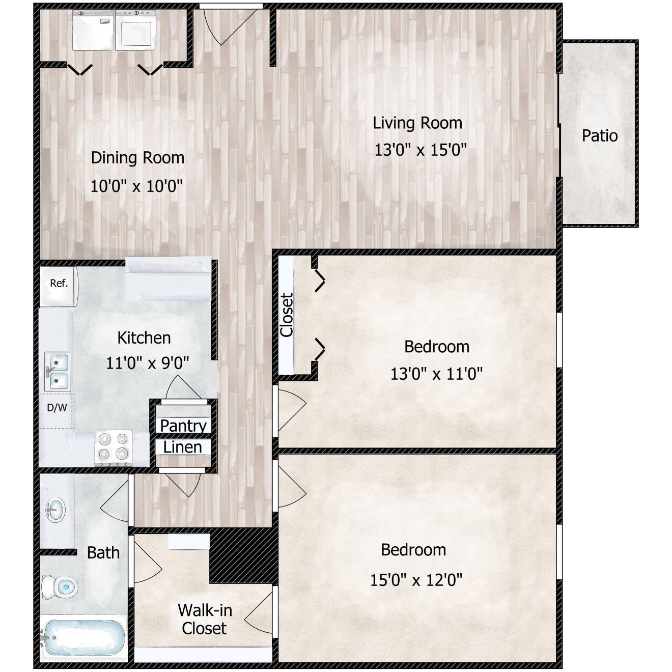 Floor plan for 2 beds, 1 bath, 1050 sqft